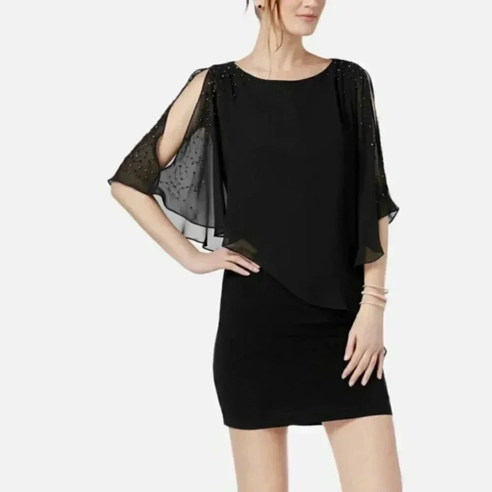 NWOT Xscape 16P Black Beaded Capelet Sheath Dress Petite Formal Cocktail